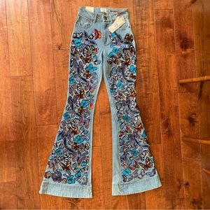 Coveted NWT Alice and Olivia flare jeans with embroidered butterflies